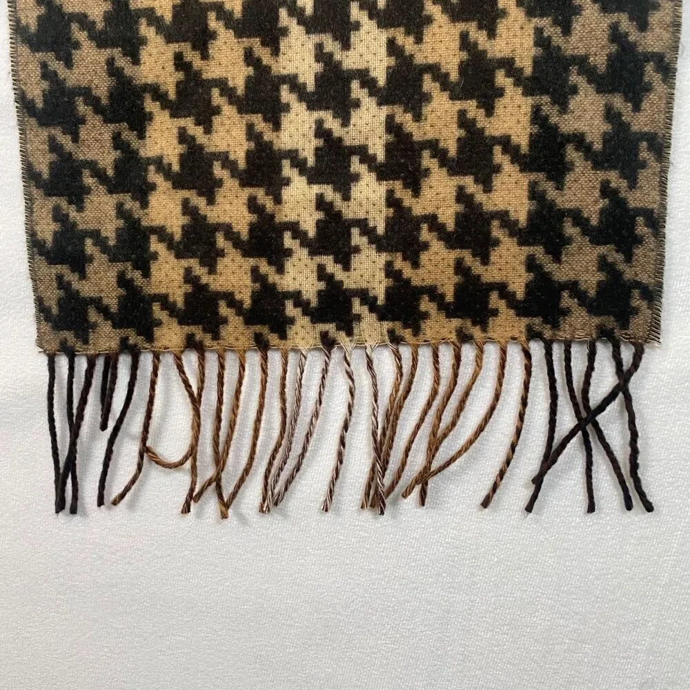 Made in Scotland 100% Cashmere Houndstooth Scarf Brown Ombre Fringe Soft